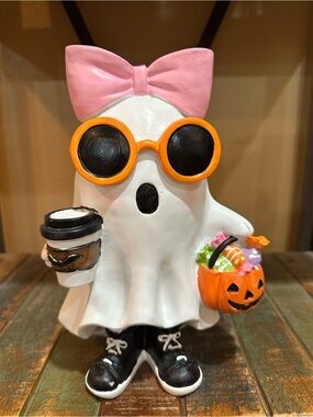 Cute Halloween Ghost Figurine with Pink Bow & Orange Accessories